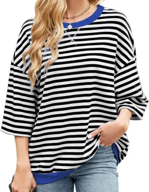 Womens Striped Oversized Sweatshirt Color Block Long Sleeve Crew Neck Sweatshirt Convertible Short Sleeve Pullover Y2K