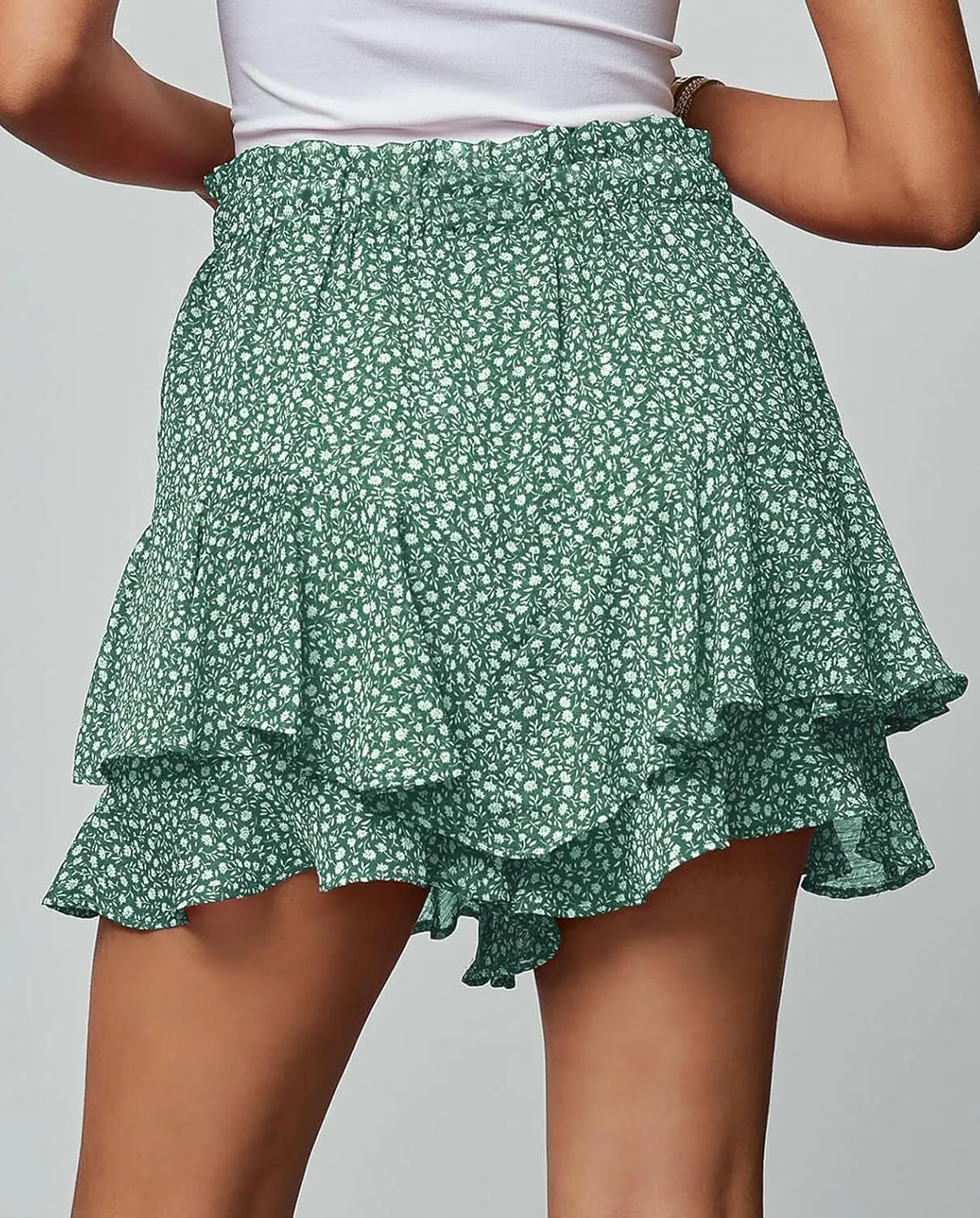 Women's Summer Floral Ruffle Hem Skirt Shorts Elastic High Waist Layered Tiered Boho Mini Skorts Skirts