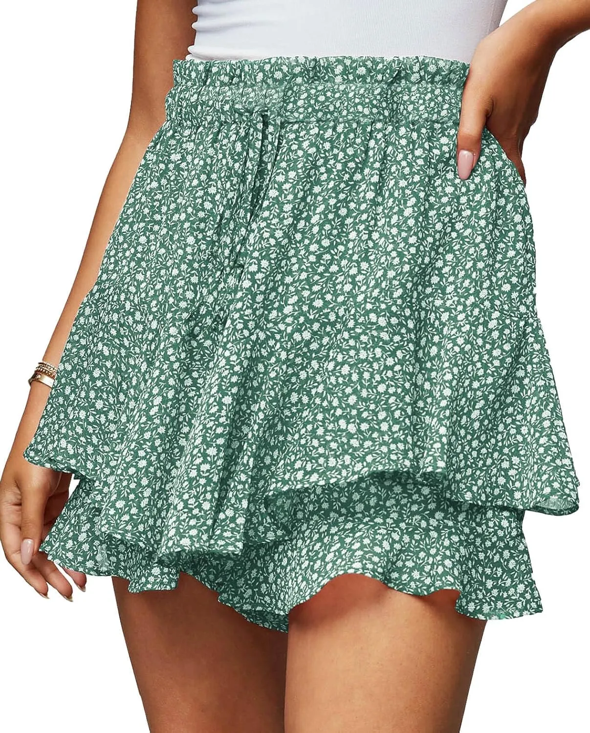 Women's Summer Floral Ruffle Hem Skirt Shorts Elastic High Waist Layered Tiered Boho Mini Skorts Skirts