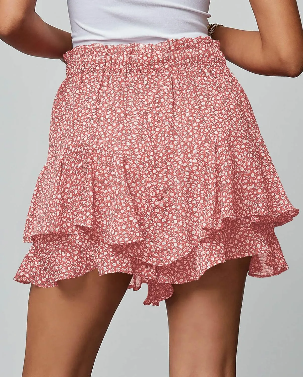 Women's Summer Floral Ruffle Hem Skirt Shorts Elastic High Waist Layered Tiered Boho Mini Skorts Skirts