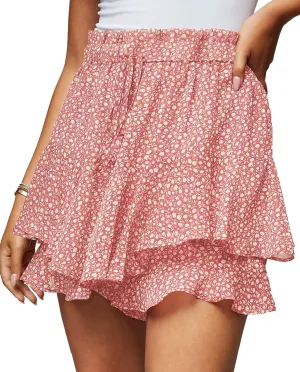 Women's Summer Floral Ruffle Hem Skirt Shorts Elastic High Waist Layered Tiered Boho Mini Skorts Skirts