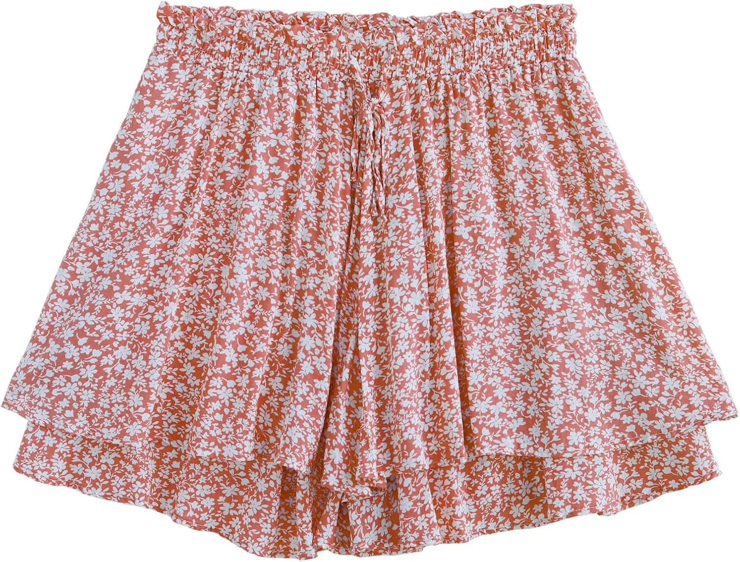 Women's Summer Floral Ruffle Hem Skirt Shorts Elastic High Waist Layered Tiered Boho Mini Skorts Skirts