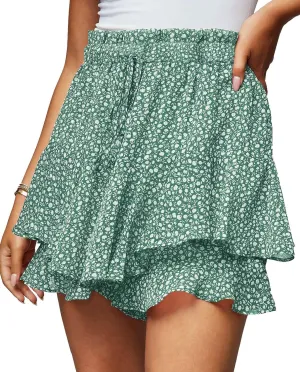 Women's Summer Floral Ruffle Hem Skirt Shorts Elastic High Waist Layered Tiered Boho Mini Skorts Skirts