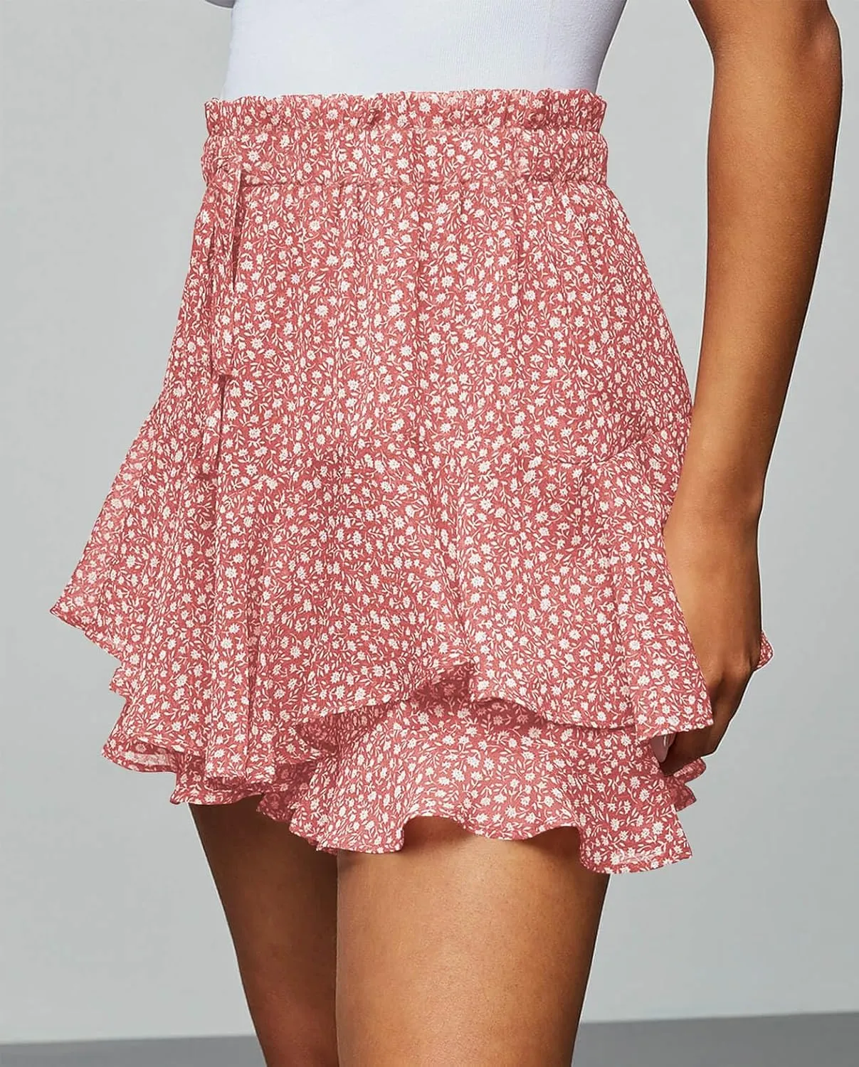 Women's Summer Floral Ruffle Hem Skirt Shorts Elastic High Waist Layered Tiered Boho Mini Skorts Skirts