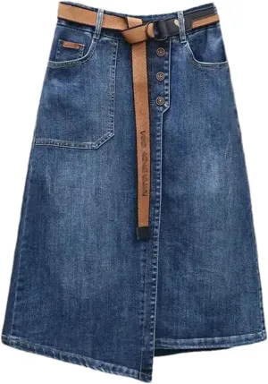 Women's Summer Irregular Denim Skirt Elastic High Waisted A-Line Buttocks Wrapped Jeans Skirts