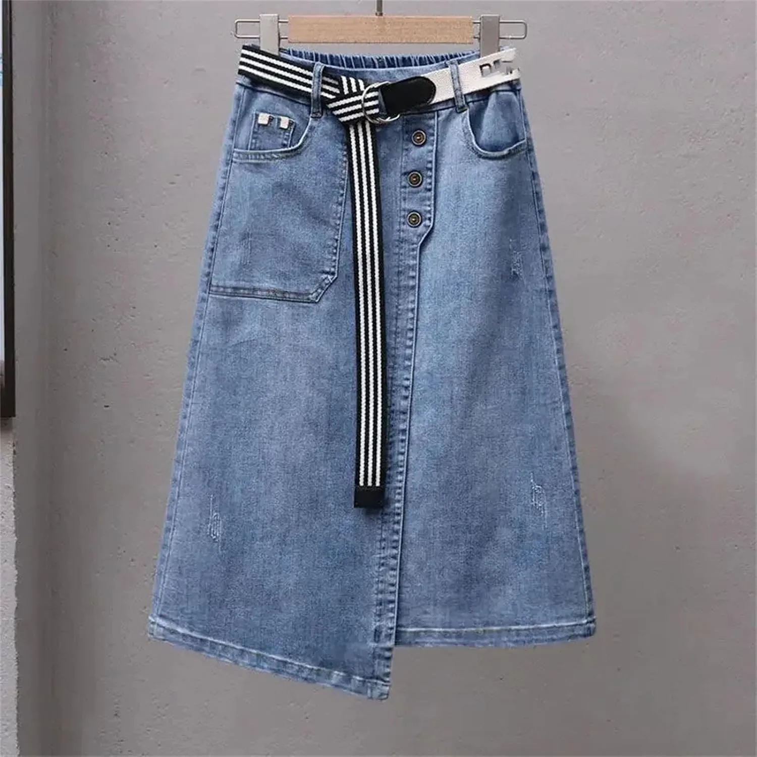 Women's Summer Irregular Denim Skirt Elastic High Waisted A-Line Buttocks Wrapped Jeans Skirts