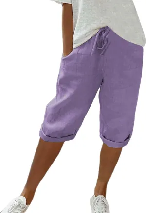 Womens Summer Mix Cotton Linen Palazzo Pants Drawstring Casual Solid Color Shorts Casual Beach Long Pants