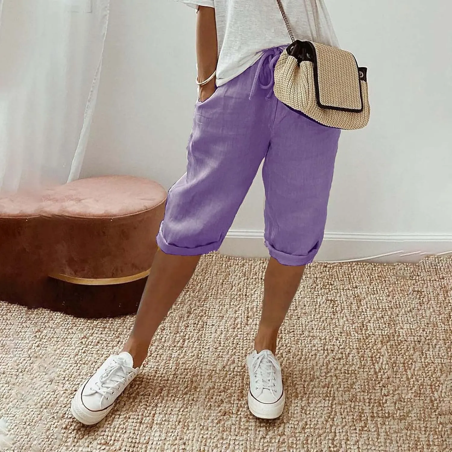 Womens Summer Mix Cotton Linen Palazzo Pants Drawstring Casual Solid Color Shorts Casual Beach Long Pants