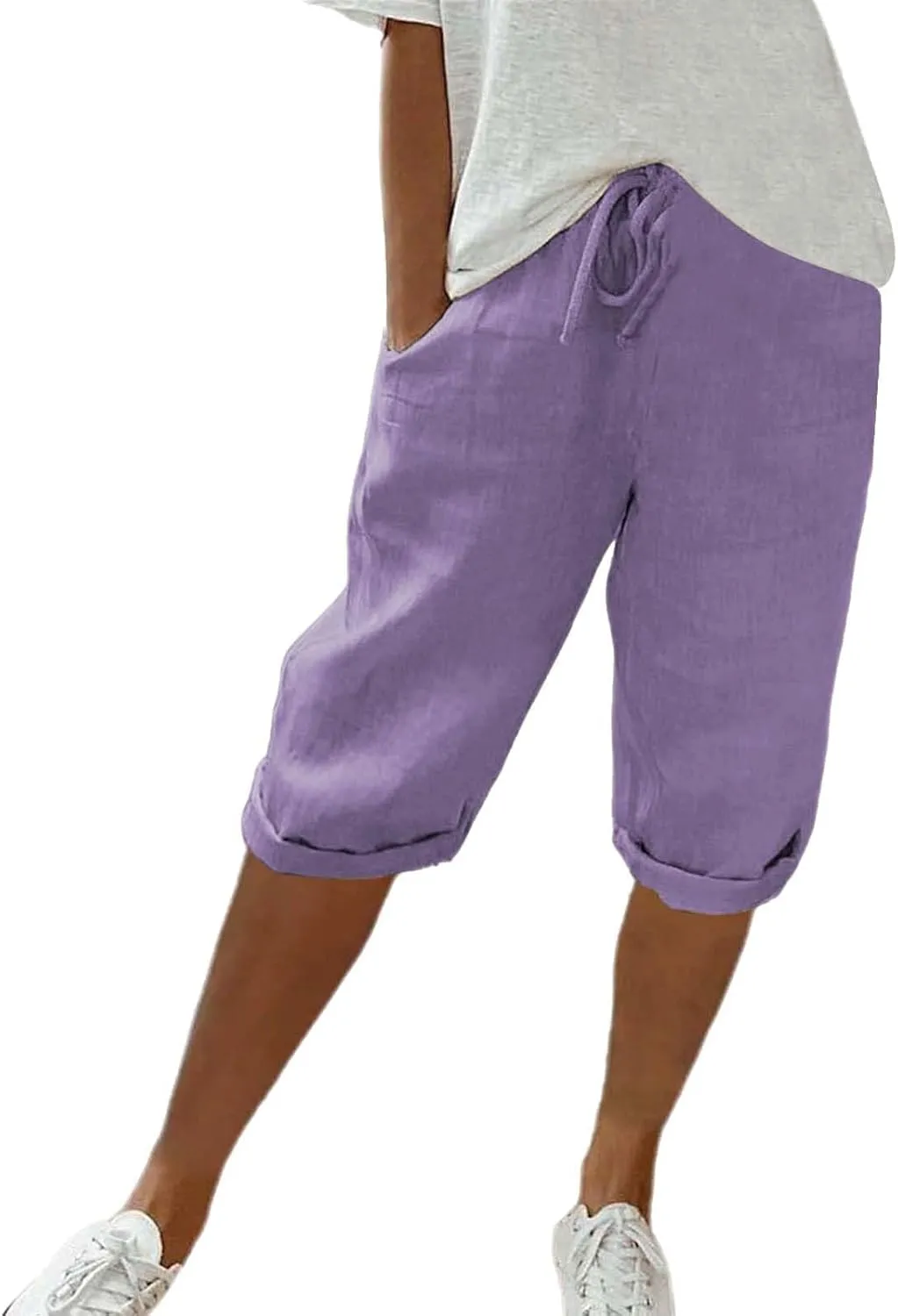 Womens Summer Mix Cotton Linen Palazzo Pants Drawstring Casual Solid Color Shorts Casual Beach Long Pants