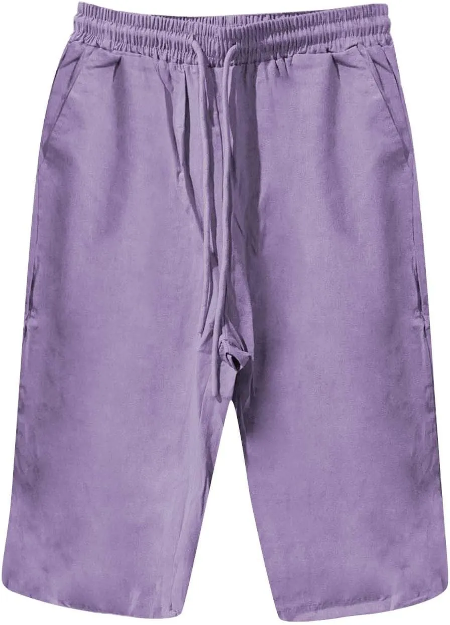Womens Summer Mix Cotton Linen Palazzo Pants Drawstring Casual Solid Color Shorts Casual Beach Long Pants