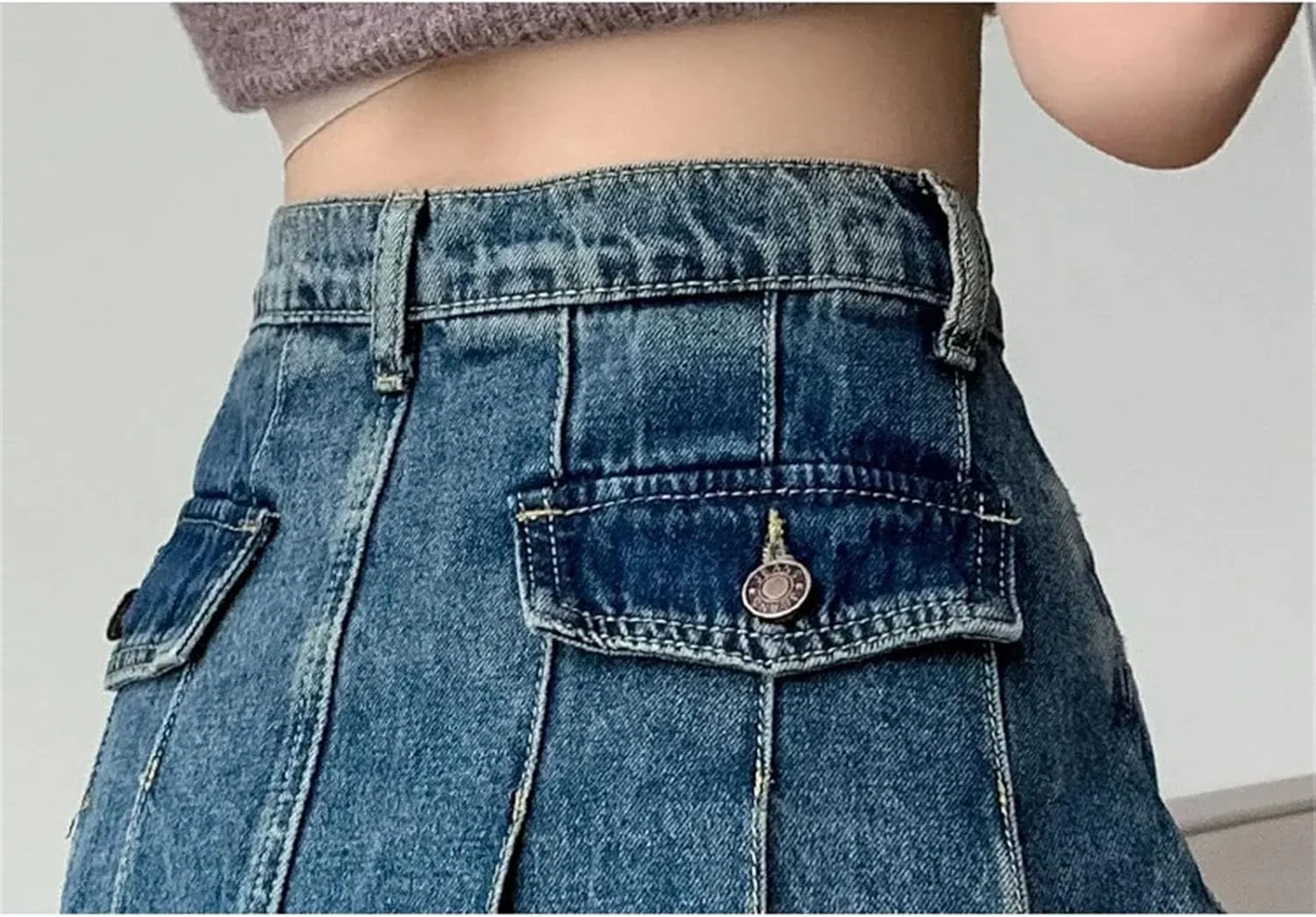 Women's Summer Vintage Pleated Denim Skirt High Waist A-Line Midi Jeans Skirts