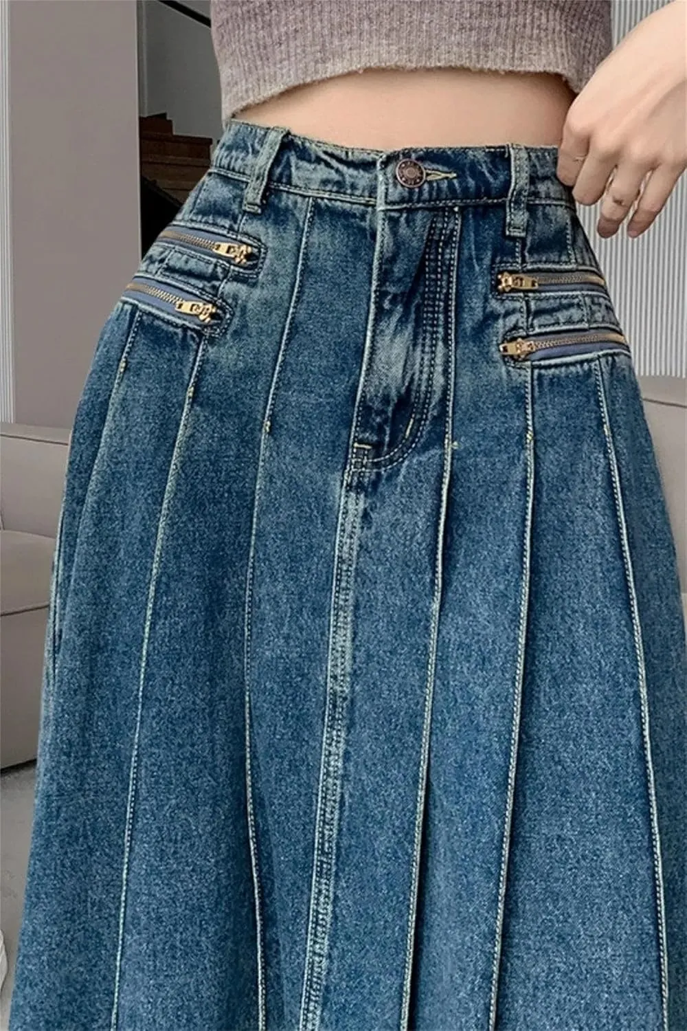 Women's Summer Vintage Pleated Denim Skirt High Waist A-Line Midi Jeans Skirts