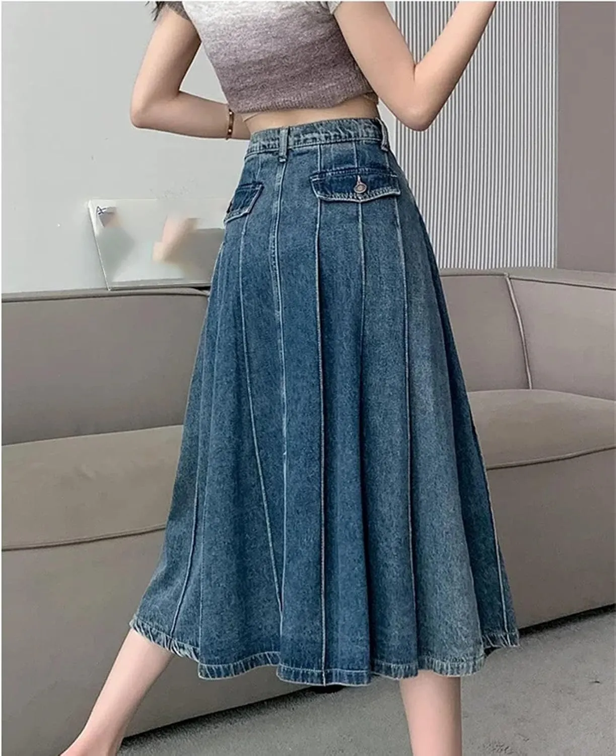 Women's Summer Vintage Pleated Denim Skirt High Waist A-Line Midi Jeans Skirts