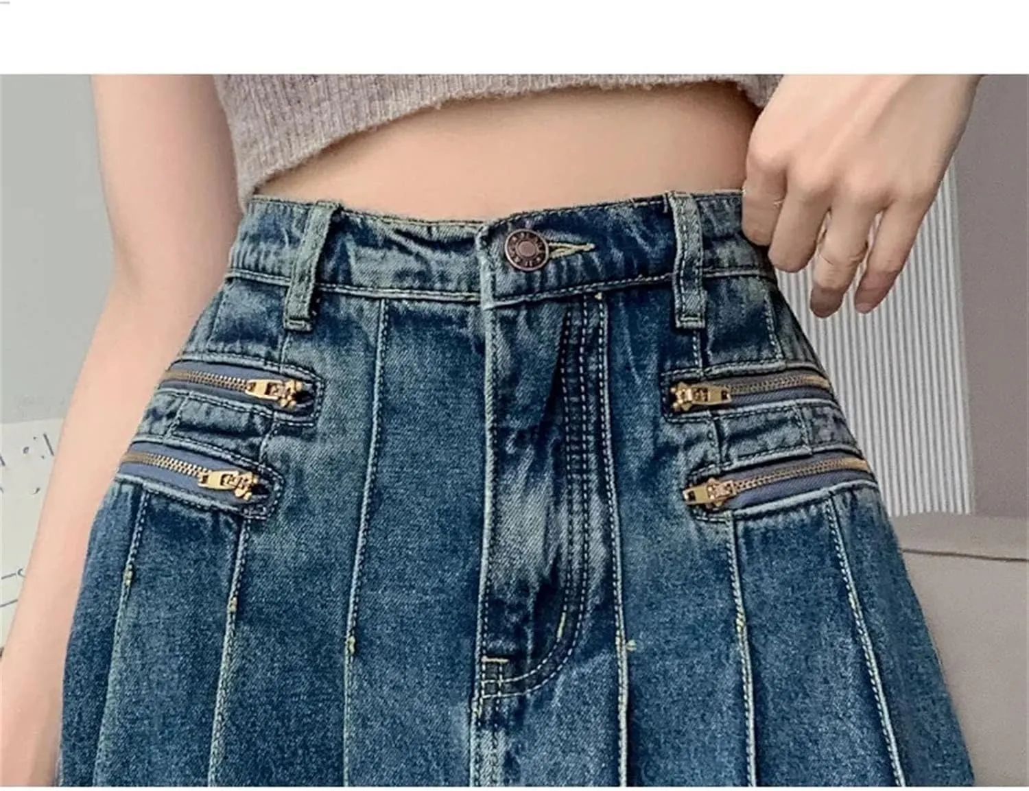 Women's Summer Vintage Pleated Denim Skirt High Waist A-Line Midi Jeans Skirts