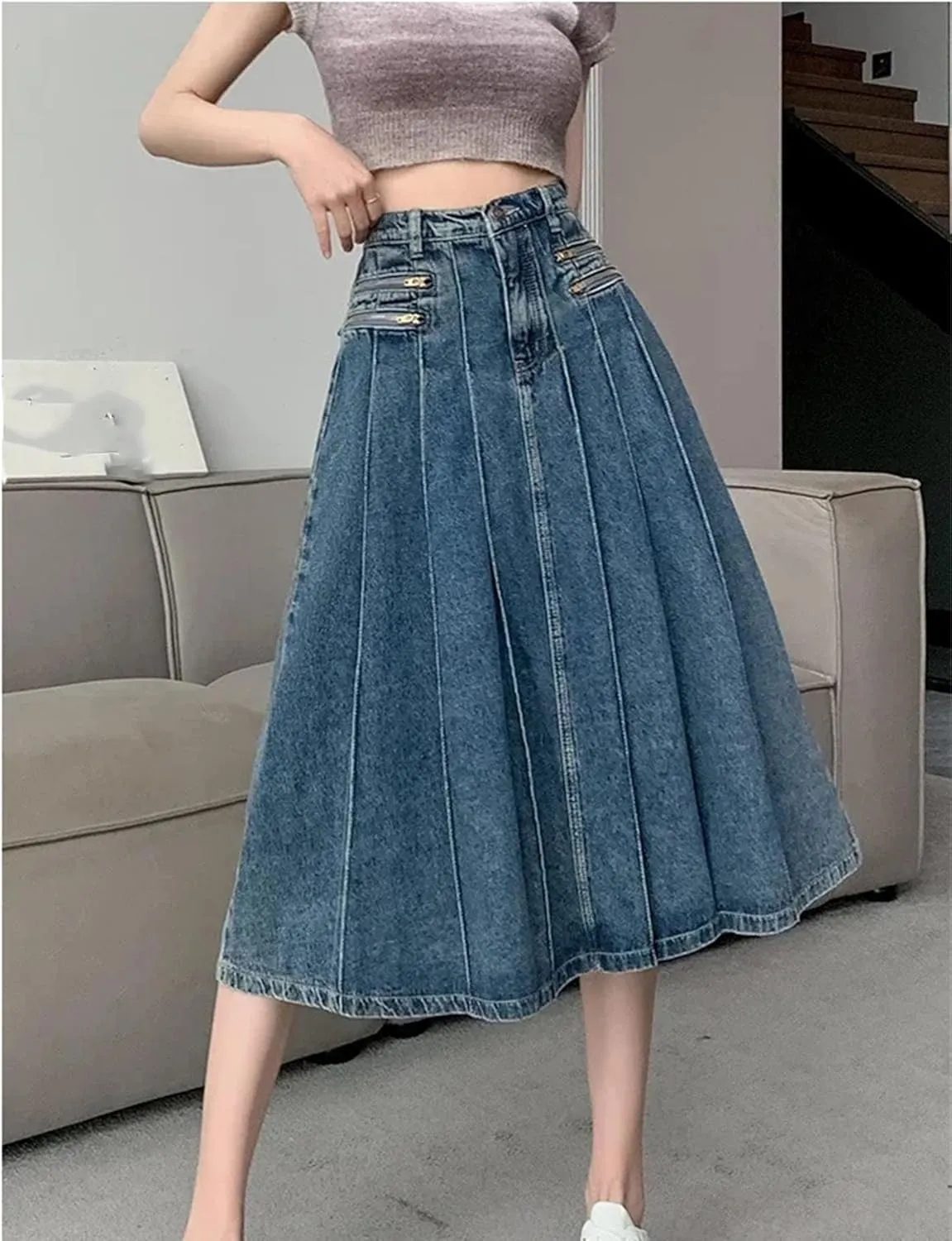 Women's Summer Vintage Pleated Denim Skirt High Waist A-Line Midi Jeans Skirts