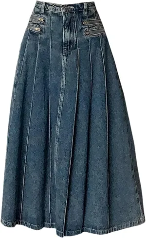 Women's Summer Vintage Pleated Denim Skirt High Waist A-Line Midi Jeans Skirts