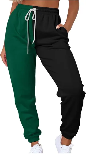 Women's Sweatpants Color Block Patchwork Trouser Elastic High Waist Joggers Baggy Pants with Multi-Pockets