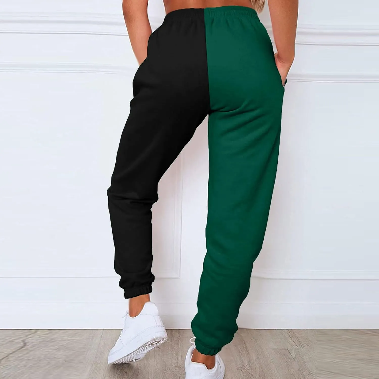 Women's Sweatpants Color Block Patchwork Trouser Elastic High Waist Joggers Baggy Pants with Multi-Pockets