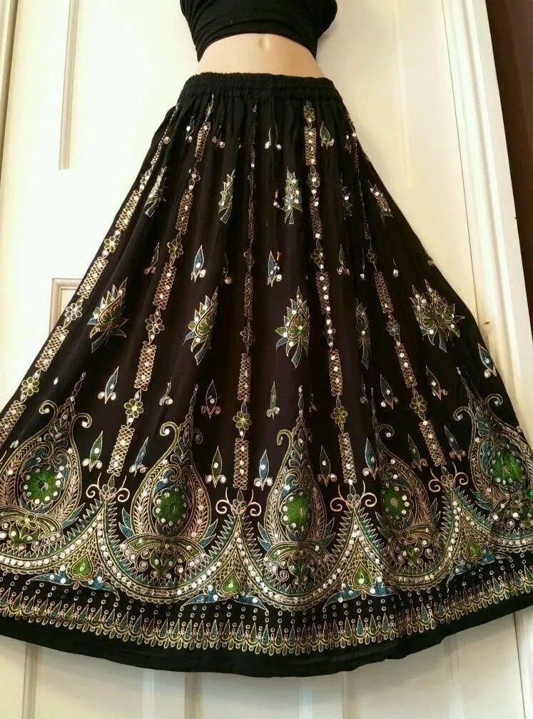 Women's Tie Dye Yoga Trend Sequined Crinkle Broomstick Gypsy Long Skirt