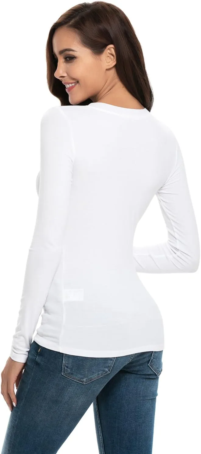 Womens Unisex Basic Long Sleeve Crew Neck Comfy Layering Slim Fit Stretch Henley Tees Shirts Top