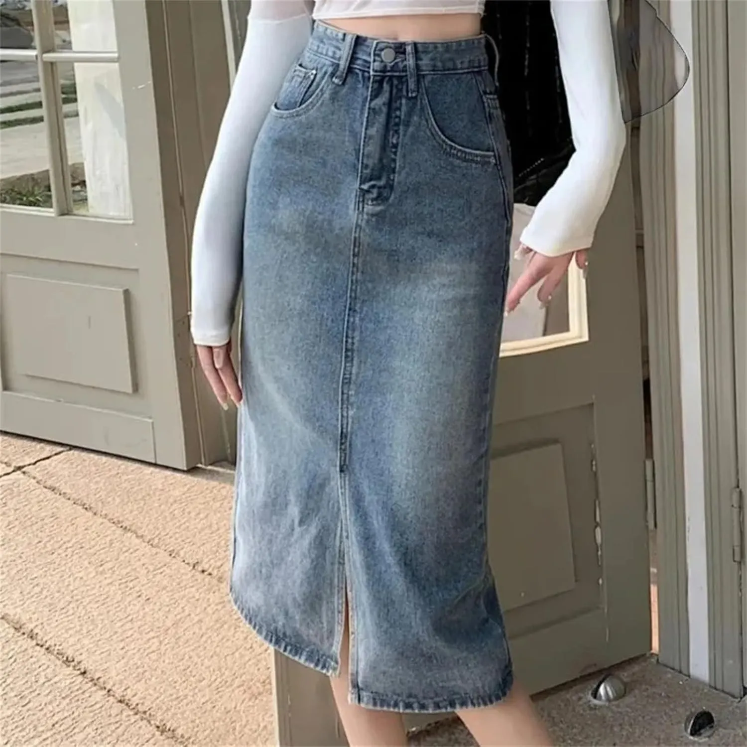 Women's Vintage High-Waisted Split Denim Skirt Loose Long A-Line Bag Hip Skirt