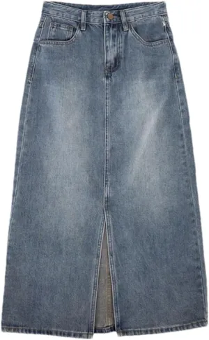 Women's Vintage High-Waisted Split Denim Skirt Loose Long A-Line Bag Hip Skirt