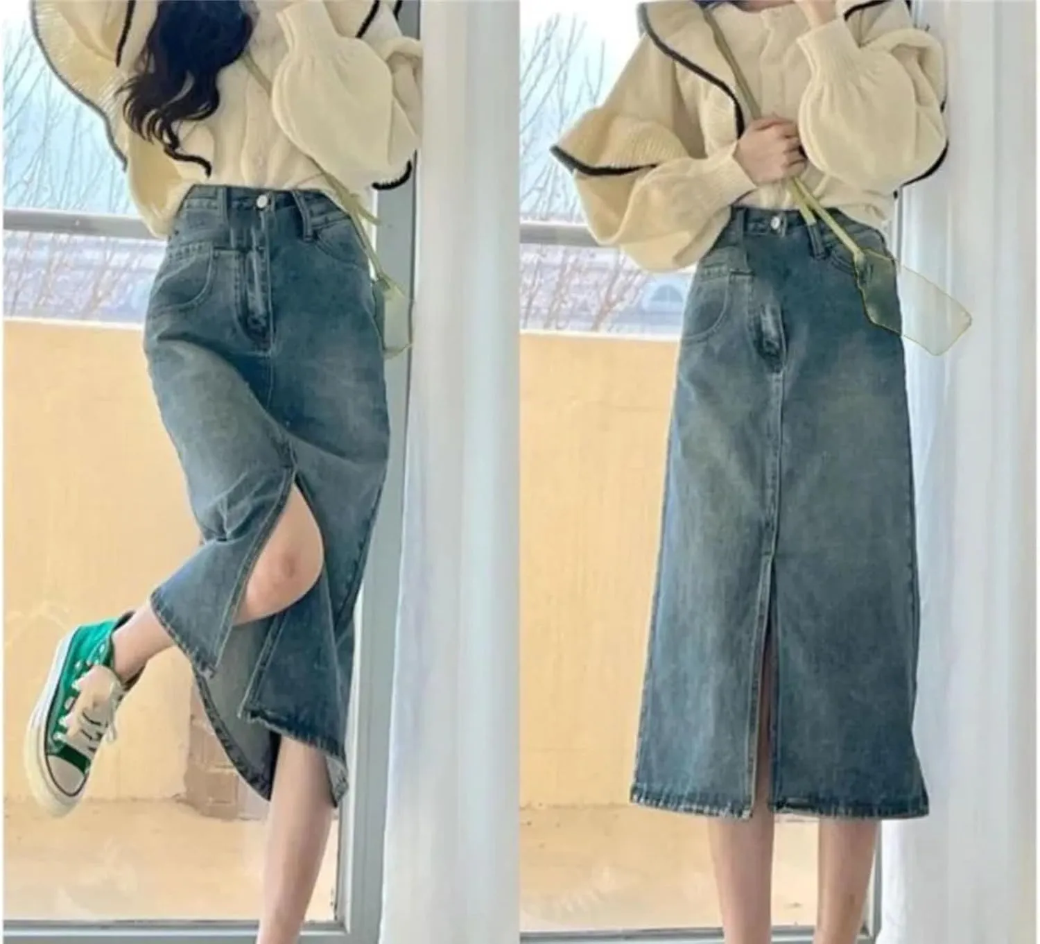 Women's Vintage High-Waisted Split Denim Skirt Loose Long A-Line Bag Hip Skirt