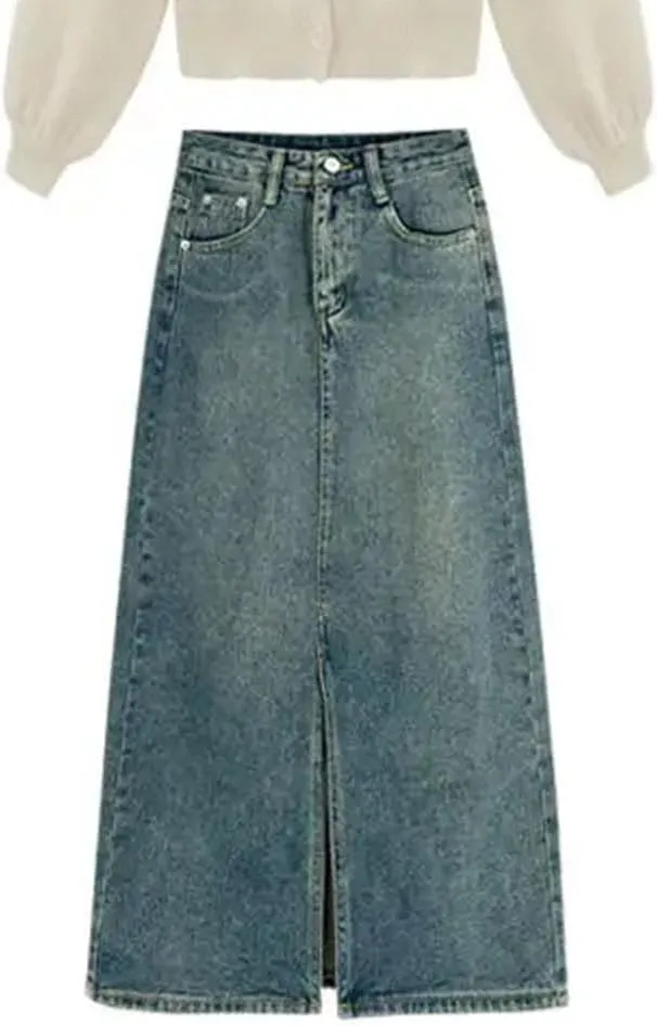 Women's Vintage High-Waisted Split Denim Skirt Loose Long A-Line Bag Hip Skirt