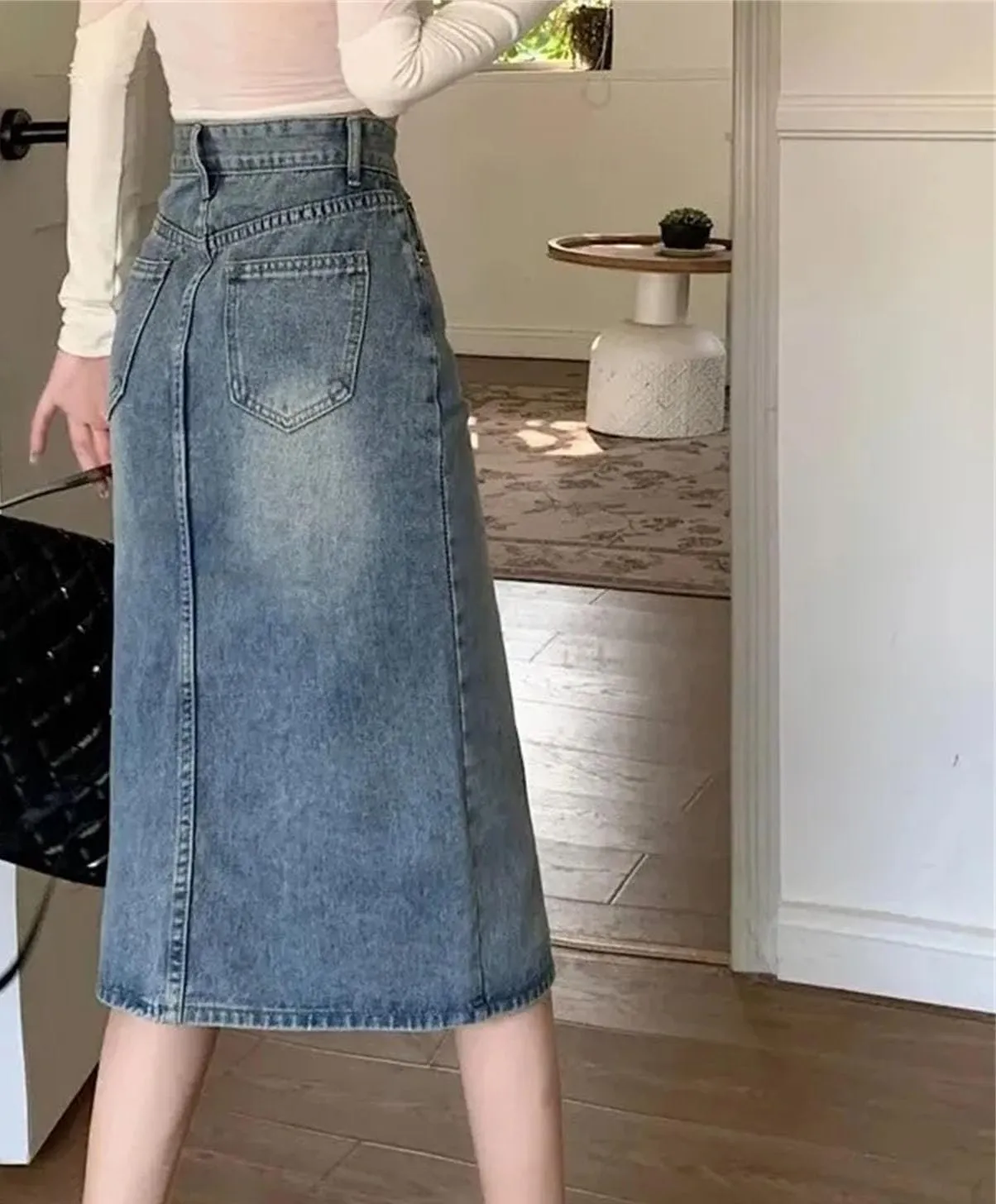 Women's Vintage High-Waisted Split Denim Skirt Loose Long A-Line Bag Hip Skirt