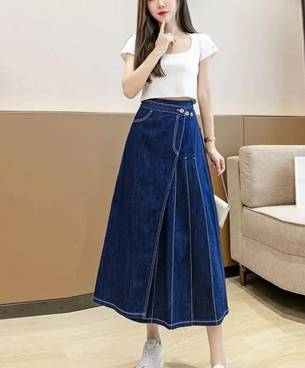 Women's with Front Slit Waistband Decoration Denim Skirt Low-Waisted High-Stretch Denim Skirt