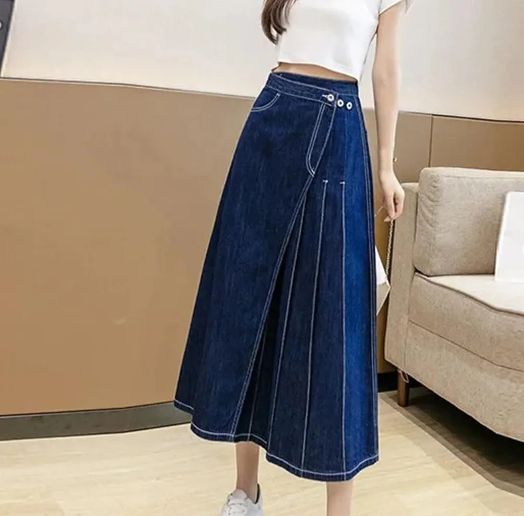Women's with Front Slit Waistband Decoration Denim Skirt Low-Waisted High-Stretch Denim Skirt