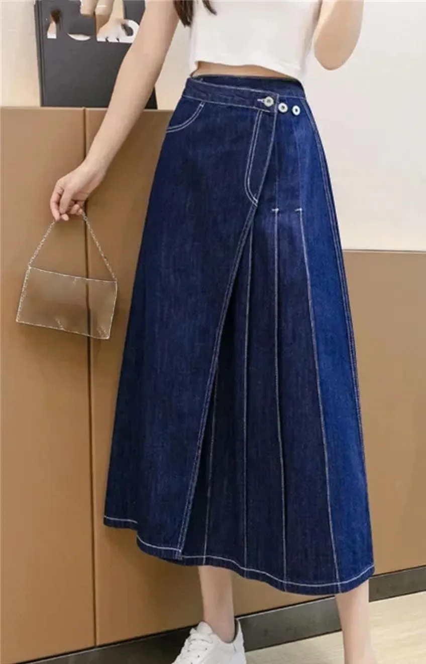 Women's with Front Slit Waistband Decoration Denim Skirt Low-Waisted High-Stretch Denim Skirt