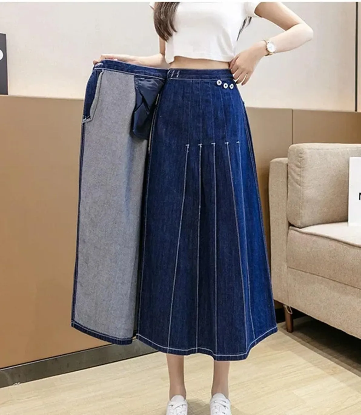 Women's with Front Slit Waistband Decoration Denim Skirt Low-Waisted High-Stretch Denim Skirt