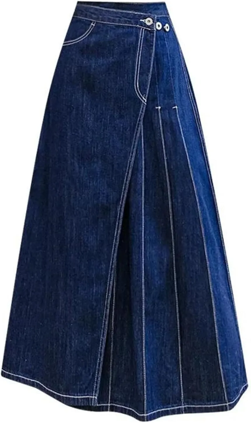 Women's with Front Slit Waistband Decoration Denim Skirt Low-Waisted High-Stretch Denim Skirt