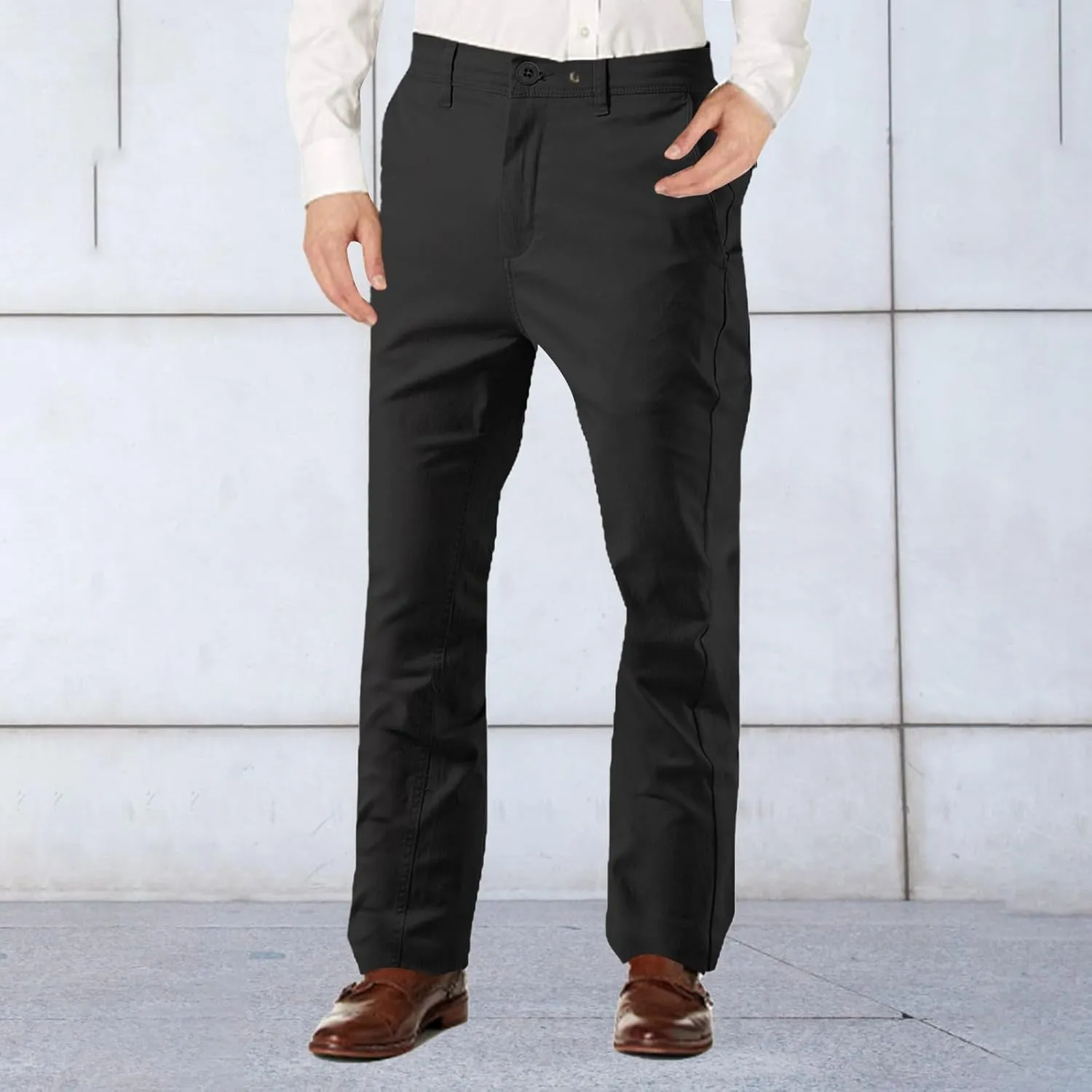 Work Pants for Men Fleece Chinos Trousers Expandable Waist Flat Front Skinny Suit Pants Tapered Straight Leg Golf Dress Pants