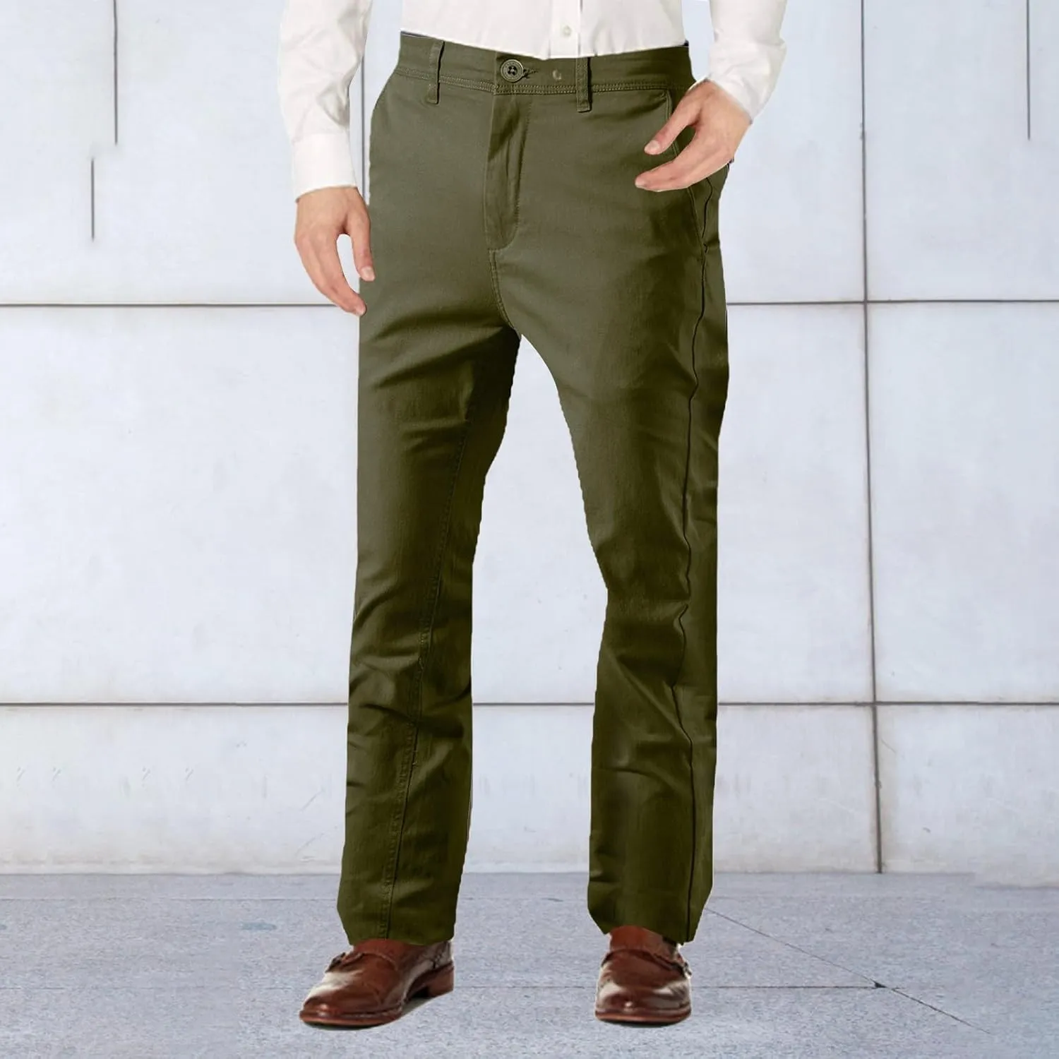 Work Pants for Men Fleece Chinos Trousers Expandable Waist Flat Front Skinny Suit Pants Tapered Straight Leg Golf Dress Pants