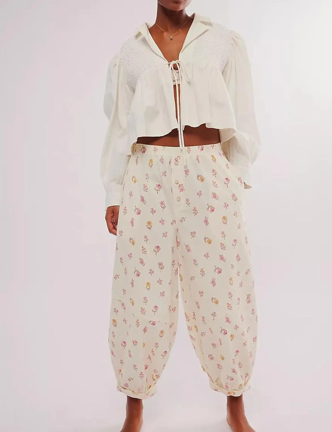 Xiaoxuemeng Womens Cotton Harem Pants Summer Wide Leg Flowy Pants High Waisted Lounge Boho Trousers