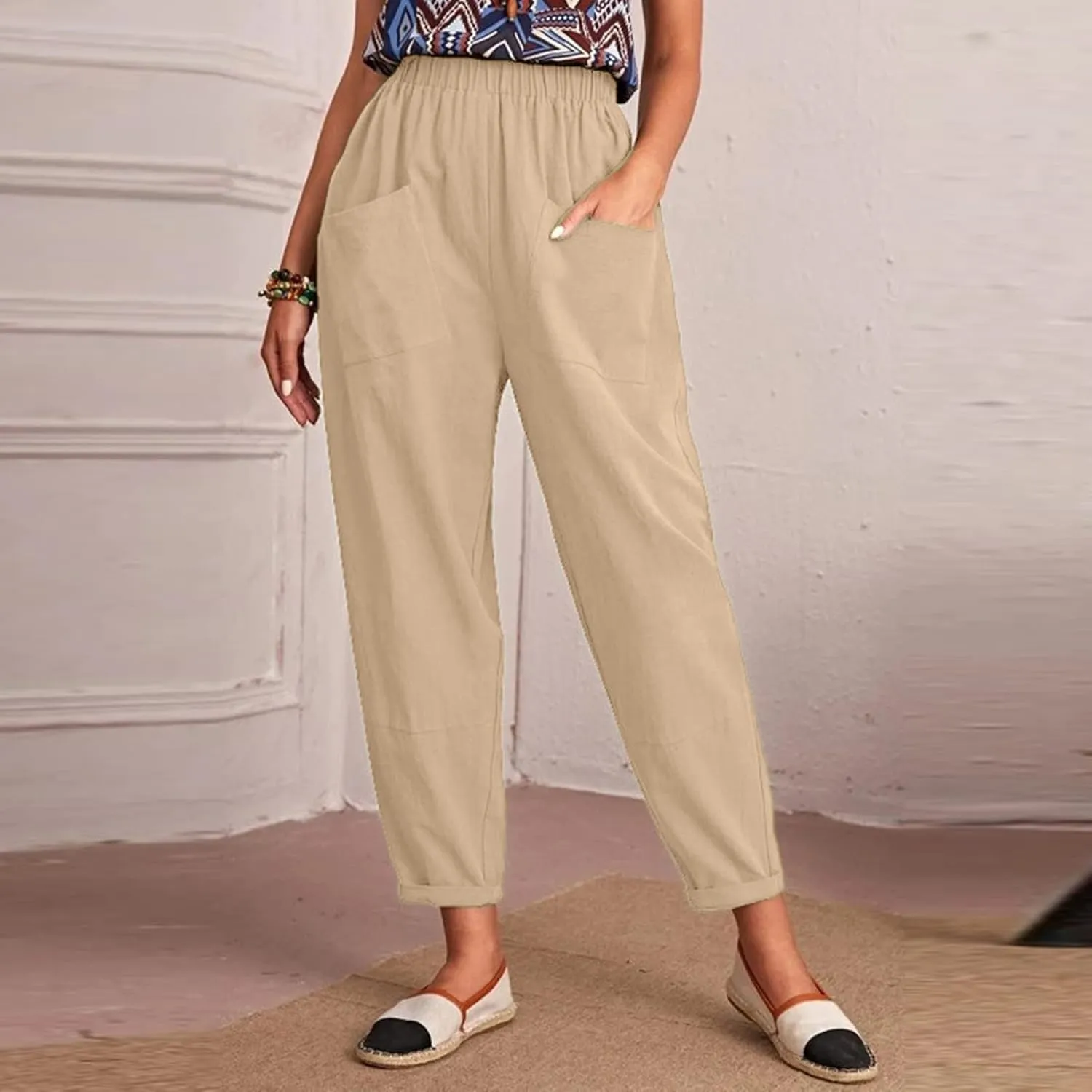 XUNRYAN Women's Capris Cotton Linen Pants Summer Casual Workout Comfy Lounge Pegged Palazzo Pants Trousers with Pockets