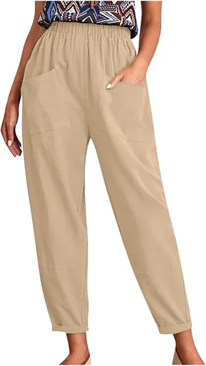 XUNRYAN Women's Capris Cotton Linen Pants Summer Casual Workout Comfy Lounge Pegged Palazzo Pants Trousers with Pockets