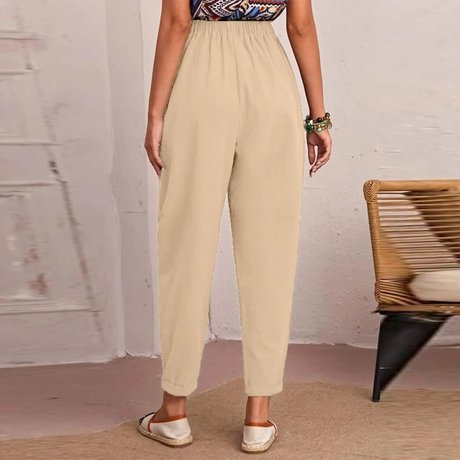 XUNRYAN Women's Capris Cotton Linen Pants Summer Casual Workout Comfy Lounge Pegged Palazzo Pants Trousers with Pockets