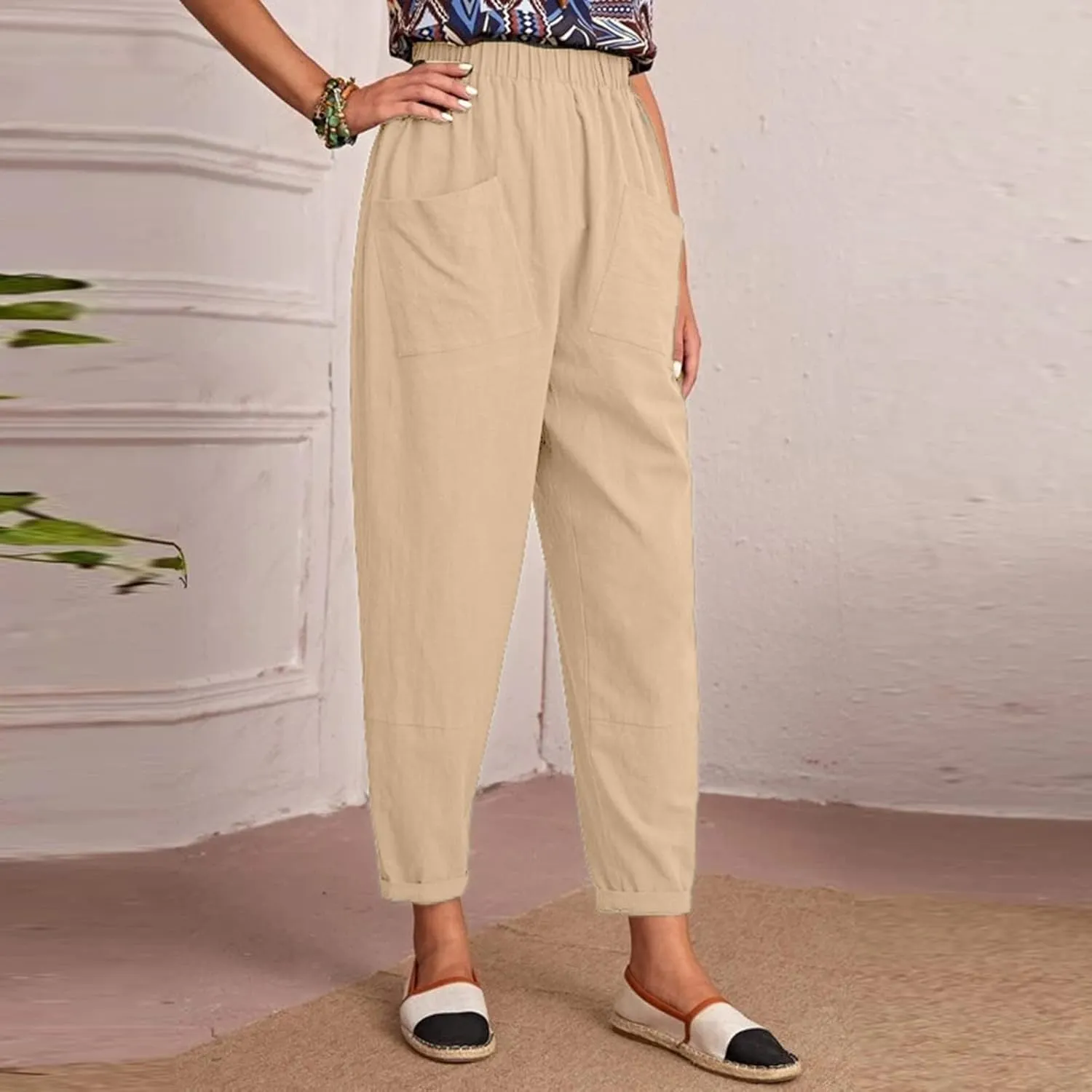 XUNRYAN Women's Capris Cotton Linen Pants Summer Casual Workout Comfy Lounge Pegged Palazzo Pants Trousers with Pockets
