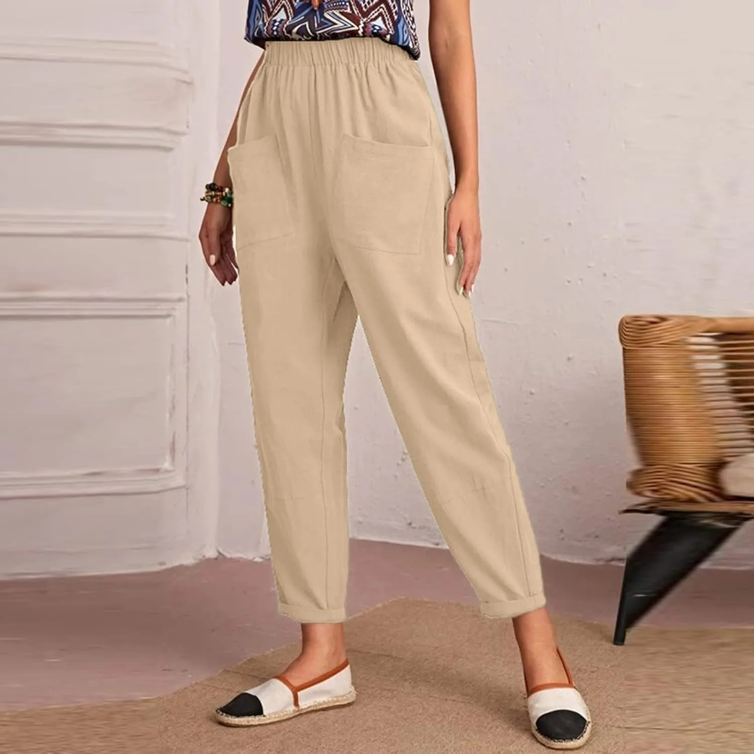 XUNRYAN Women's Capris Cotton Linen Pants Summer Casual Workout Comfy Lounge Pegged Palazzo Pants Trousers with Pockets