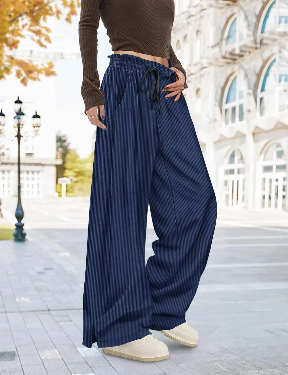 YESNO Corduroy Wide Leg Pants for Women Drawstring Elastic High Waist Slit Palazzo Casual Loose Trousers with Pockets PC0