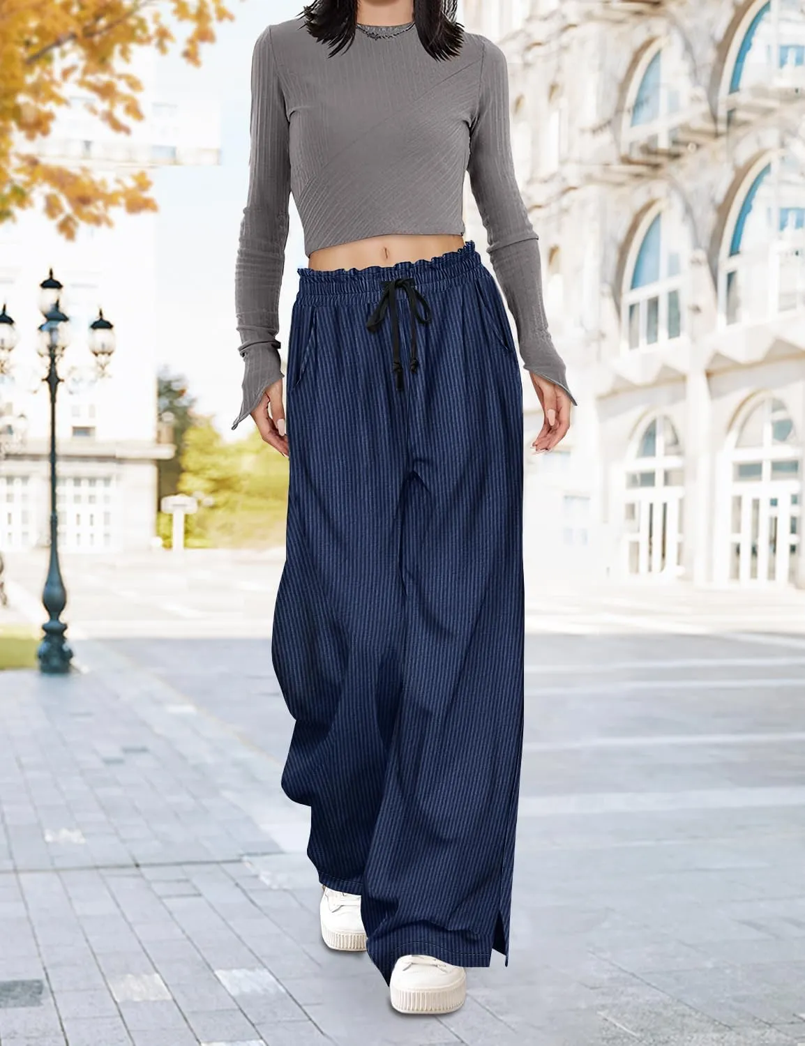 YESNO Corduroy Wide Leg Pants for Women Drawstring Elastic High Waist Slit Palazzo Casual Loose Trousers with Pockets PC0