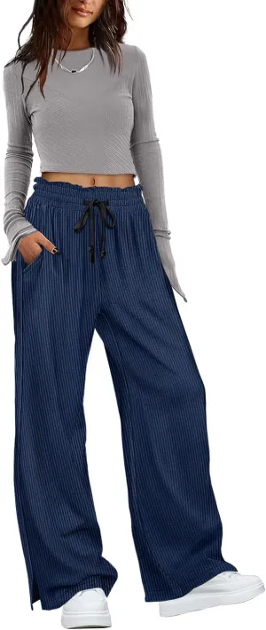 YESNO Corduroy Wide Leg Pants for Women Drawstring Elastic High Waist Slit Palazzo Casual Loose Trousers with Pockets PC0