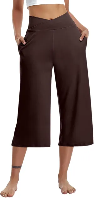 Yoga Pants for Women Fashion Crossover High Waist Capri Pants Lounge Wide Leg Cropped Pant Tummy Control Workout Trouser