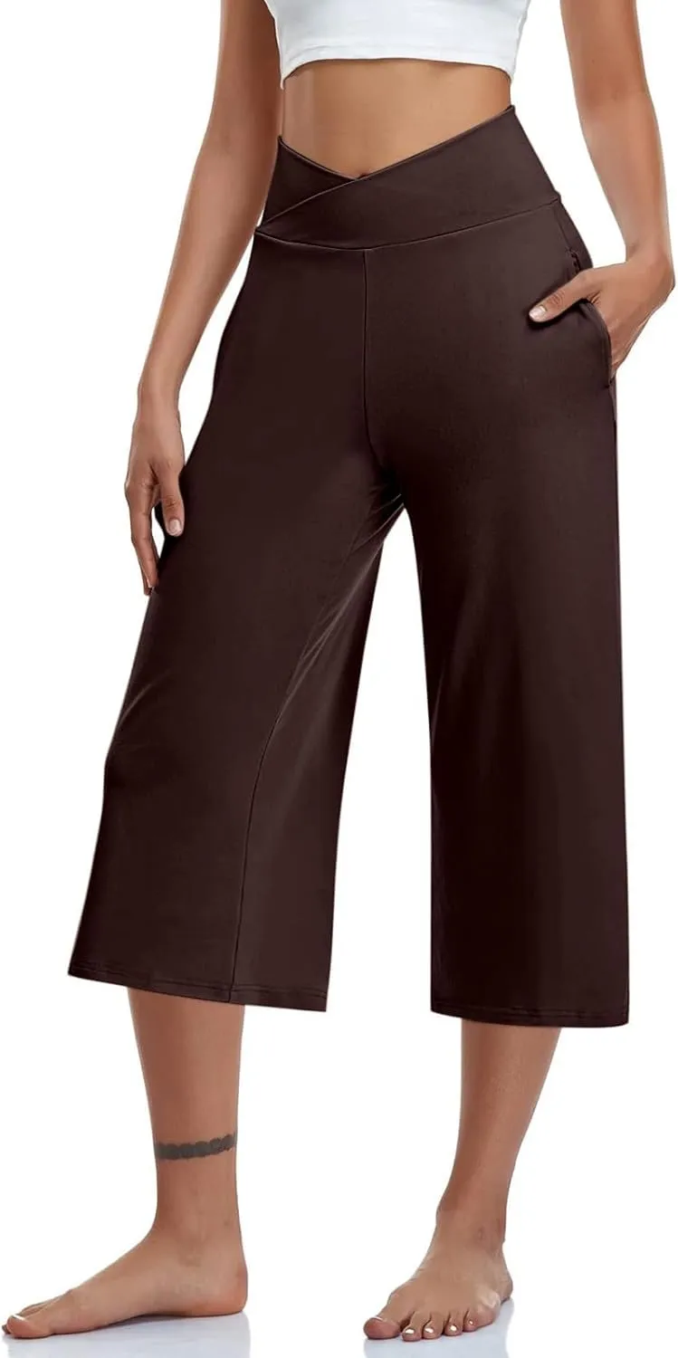 Yoga Pants for Women Fashion Crossover High Waist Capri Pants Lounge Wide Leg Cropped Pant Tummy Control Workout Trouser