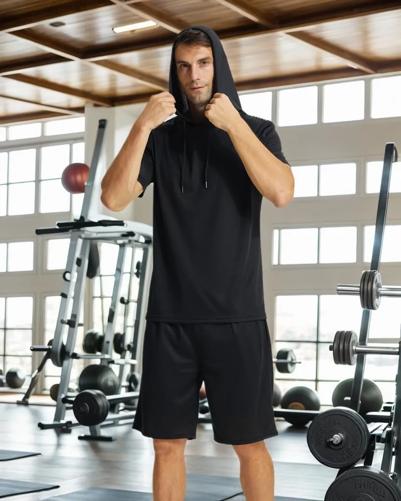 YUSHOW Mens Tracksuit 2 Piece Hooded Athletic Shirt with Short Sleeve Active Running Workout Shorts with Pocket Set Quick Dry