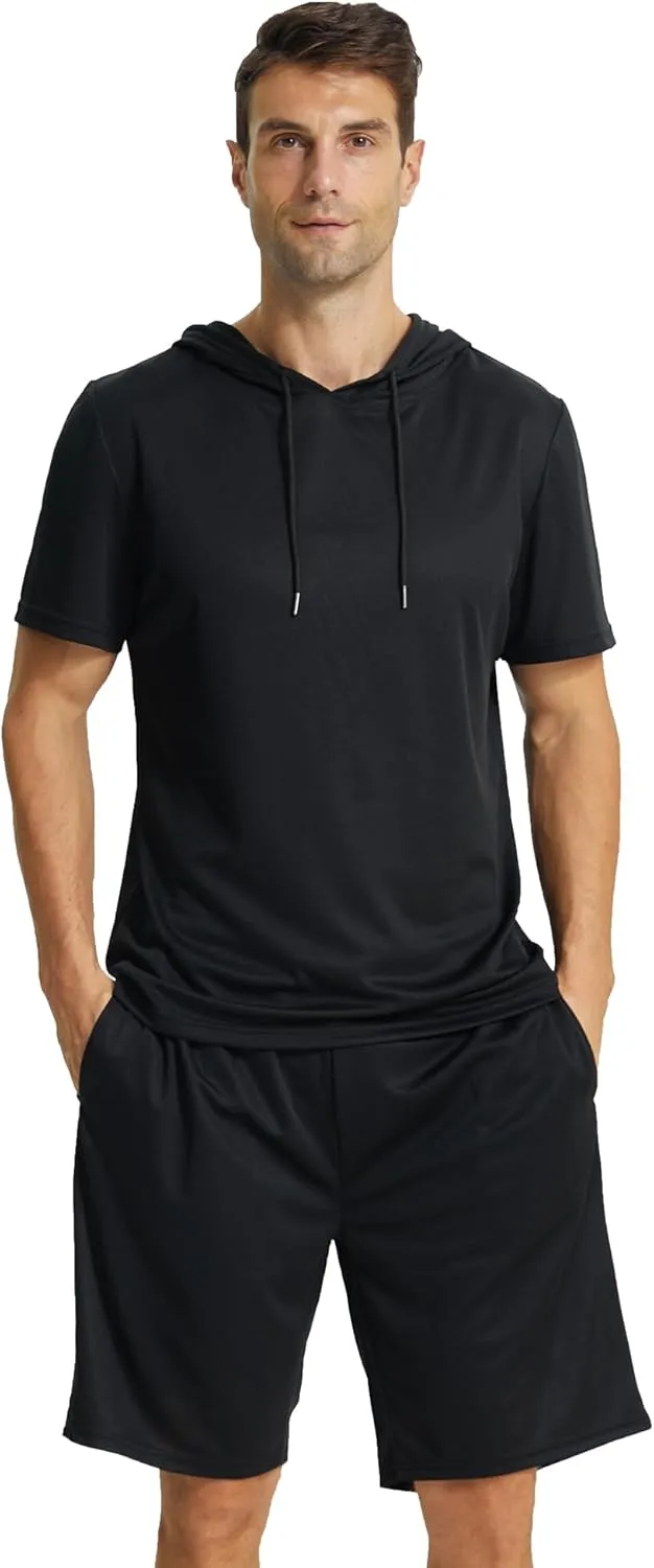 YUSHOW Mens Tracksuit 2 Piece Hooded Athletic Shirt with Short Sleeve Active Running Workout Shorts with Pocket Set Quick Dry
