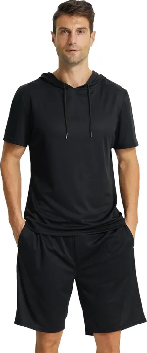 YUSHOW Mens Tracksuit 2 Piece Hooded Athletic Shirt with Short Sleeve Active Running Workout Shorts with Pocket Set Quick Dry
